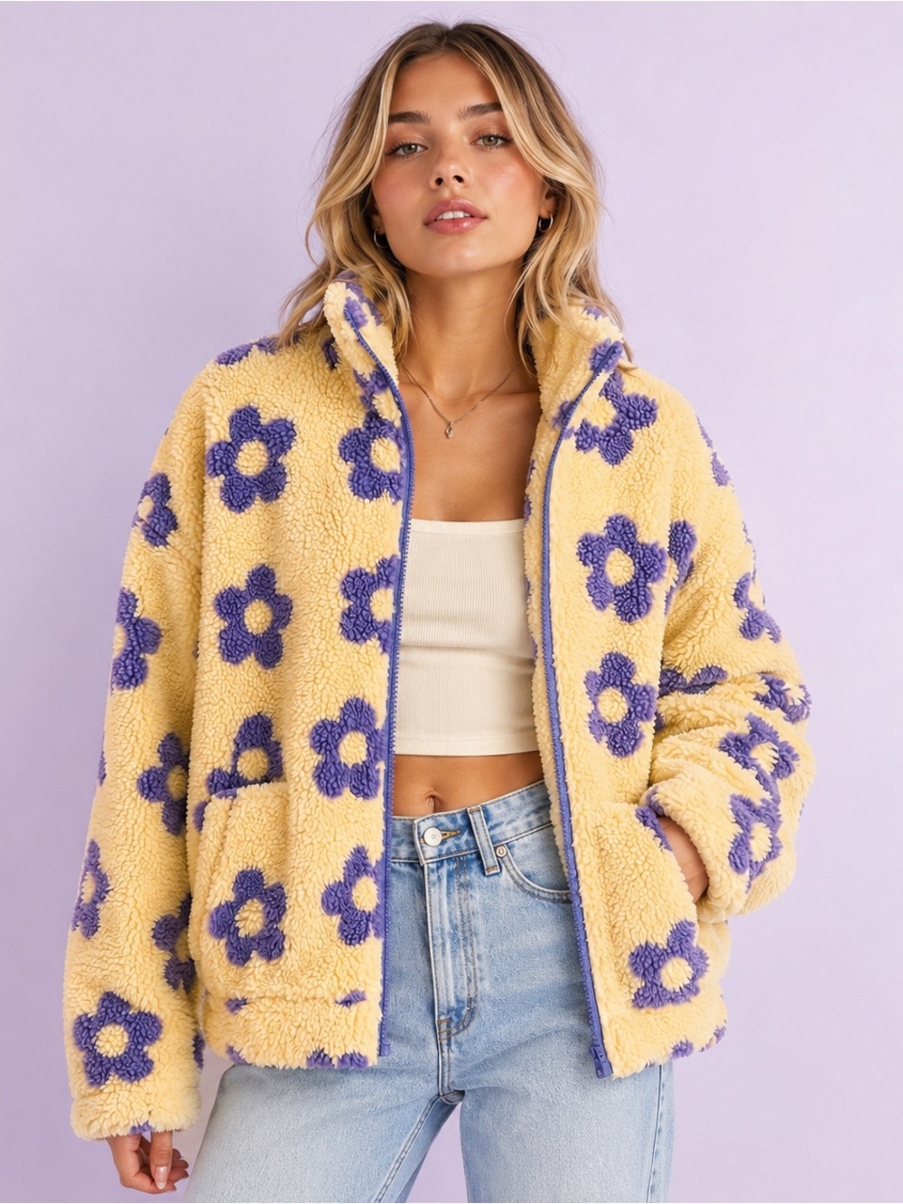 Pretty Garbage Floral Faux Shearling Sherpa Jacket M butter yellow teddy gorpcor